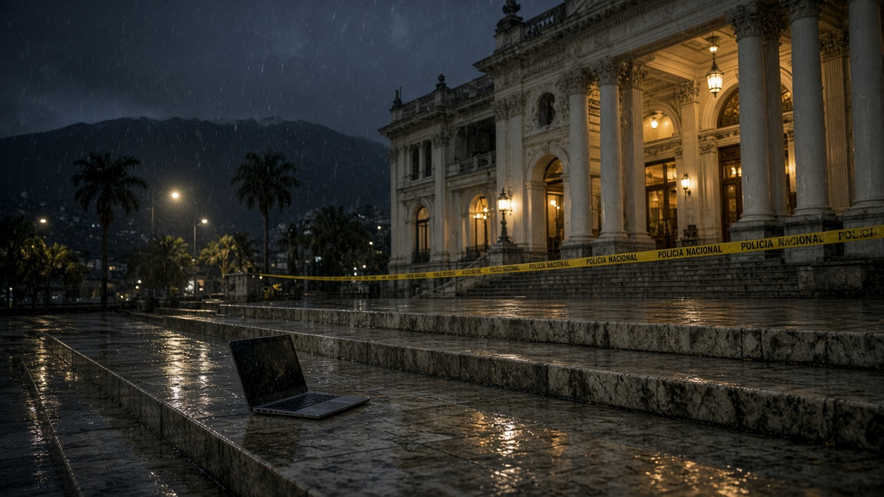 A government palace in the rain, emergency light in the windows