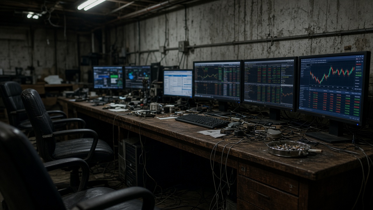 A clandestine operations room with monitors draining cryptocurrency