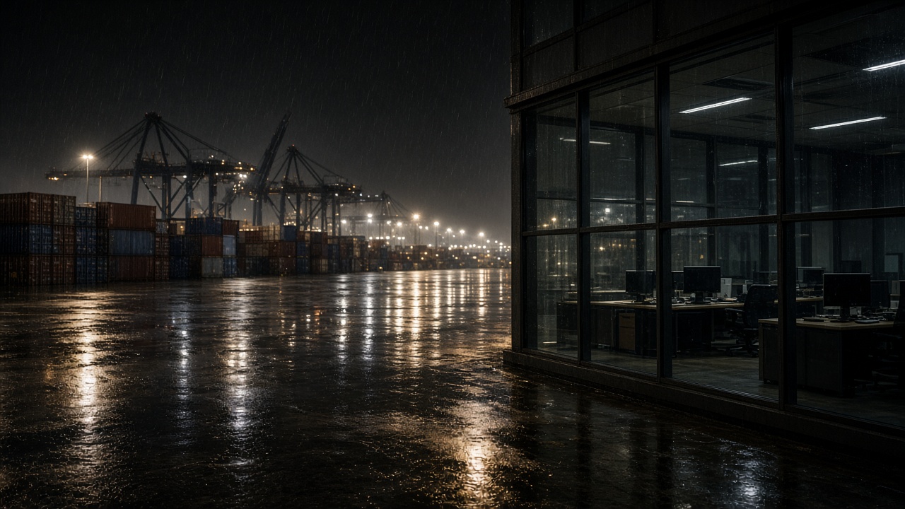 A cargo port at night, lock screens glowing green