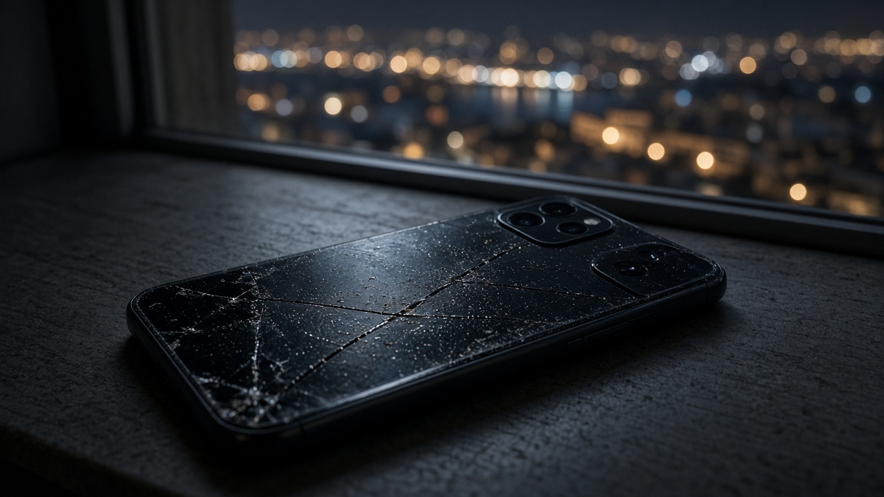 A cracked phone on a night windowsill above a city