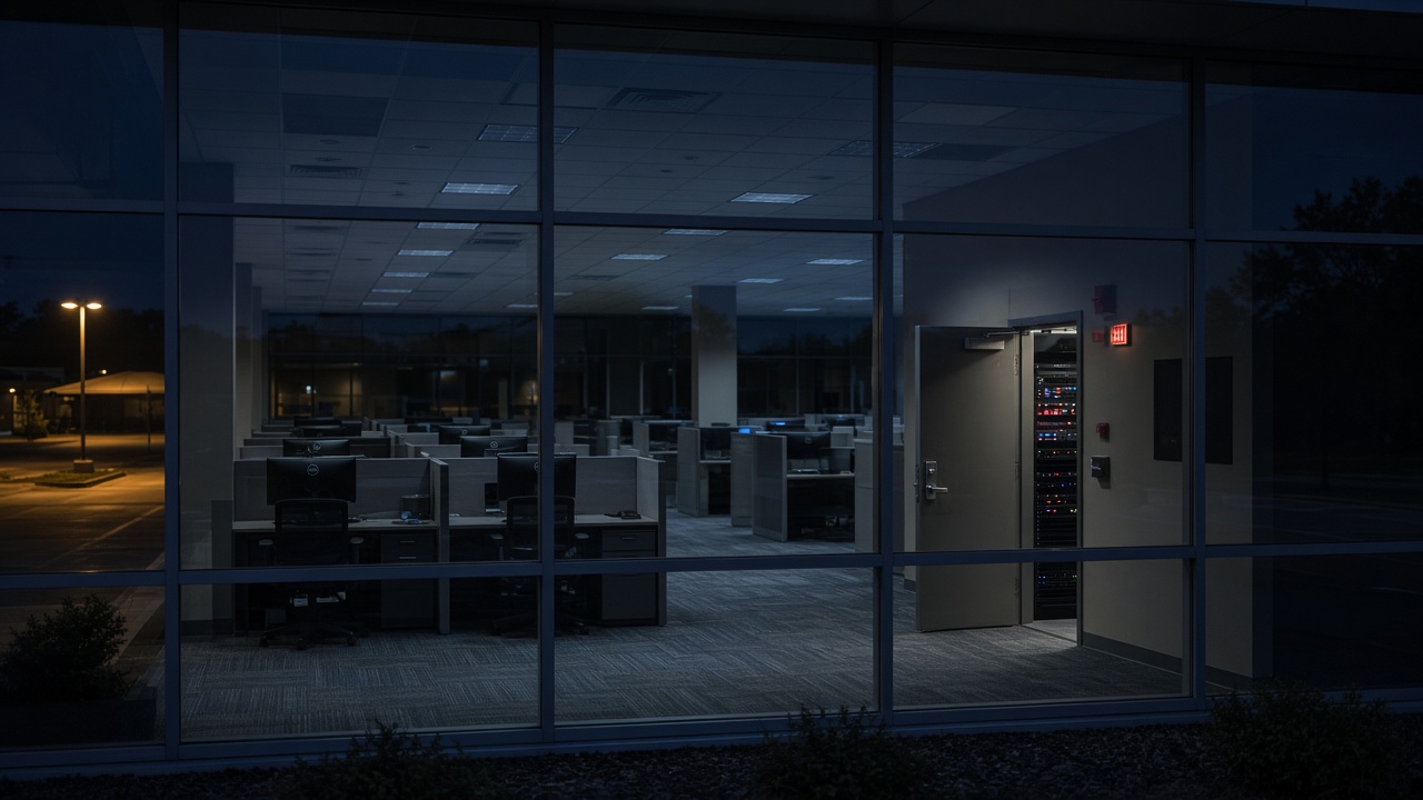 An empty corporate campus at night, network panels in red