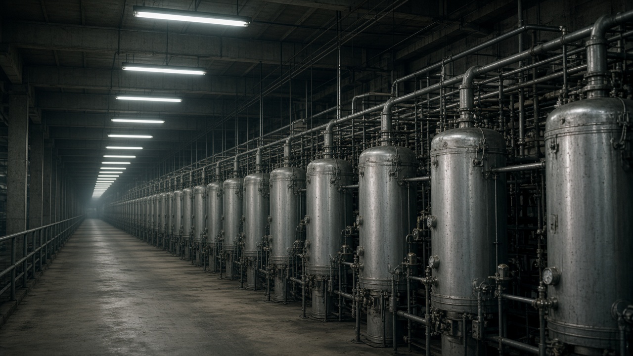 An industrial centrifuge hall under fluorescent light